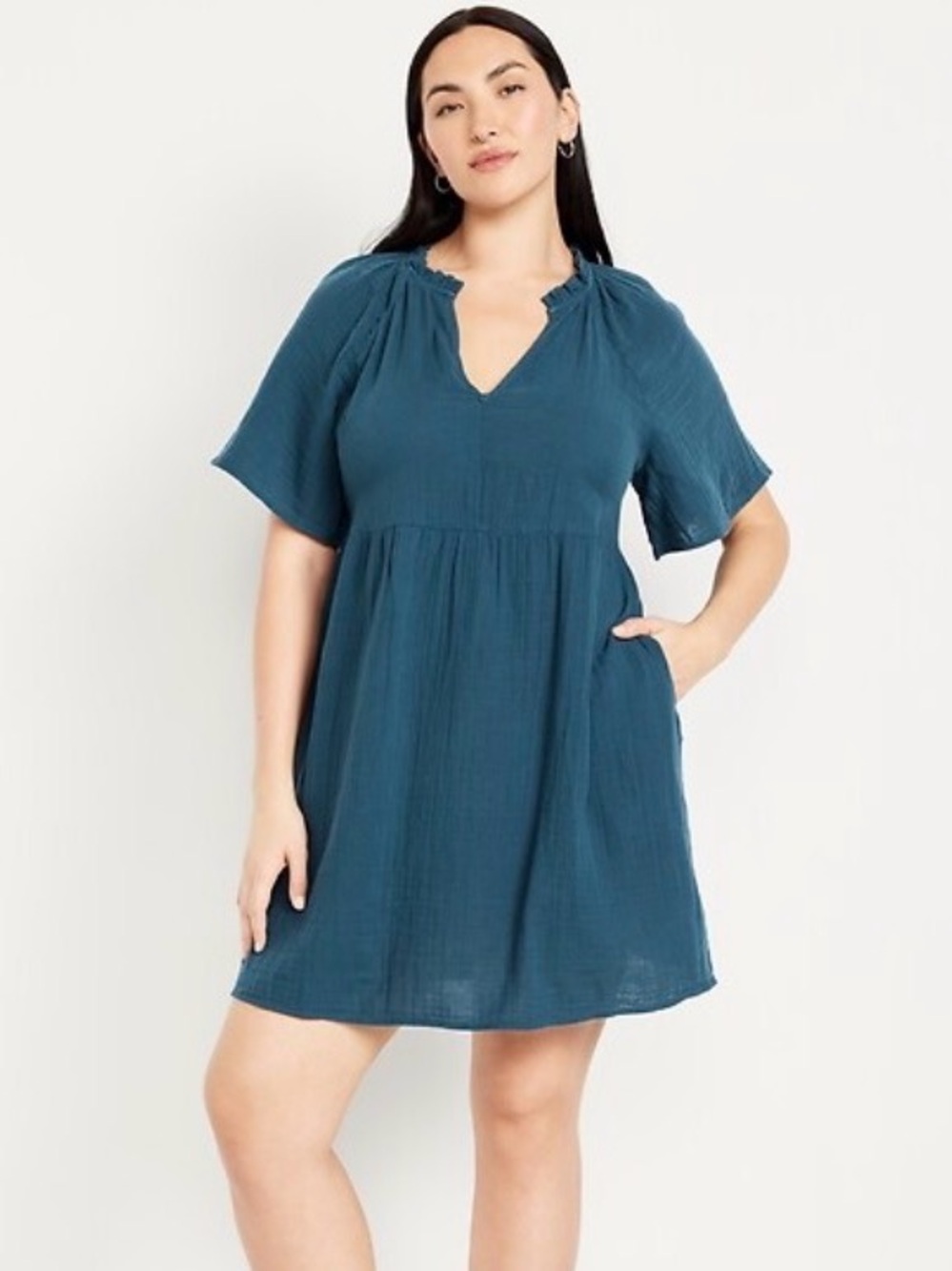 Old navy teal Short Sleeve split neck crinkle gauze swing Dress tall large